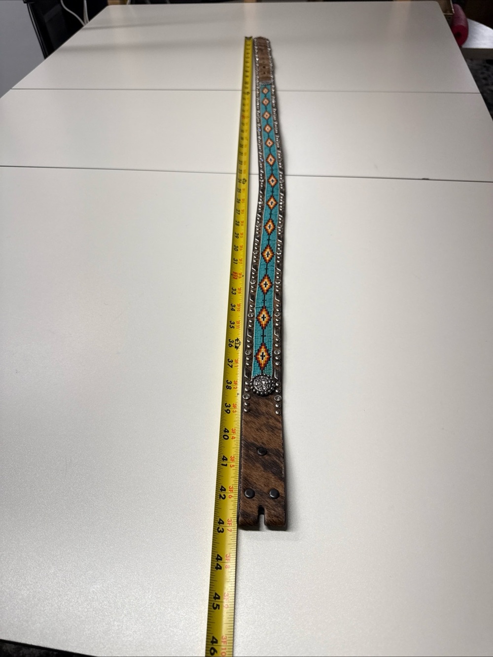 Ariat Leather Beaded Rhinestone Bare Belt Sz L Hide Hair Western Turquoise Boho - Picture 13 of 16
